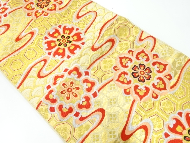 アンティーク　ヱ霞に古典柄・花模様織出し袋帯